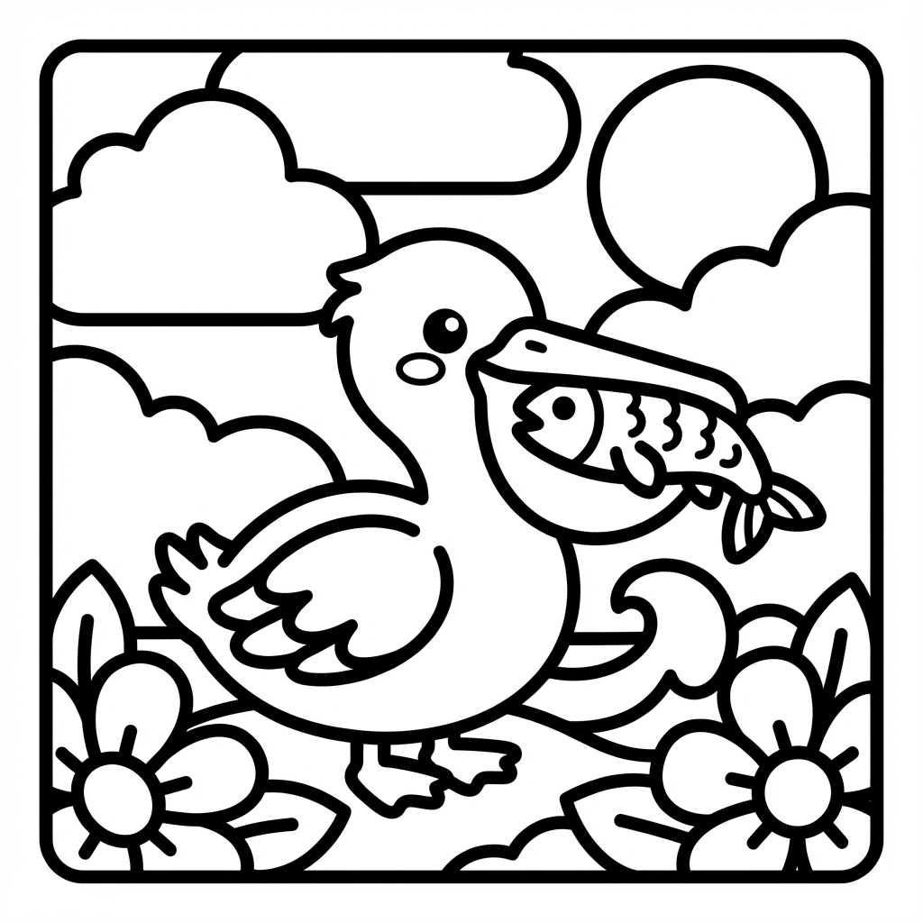 Cute pelican holding a fish, a beginner coloring pages scene with simple thick line art.